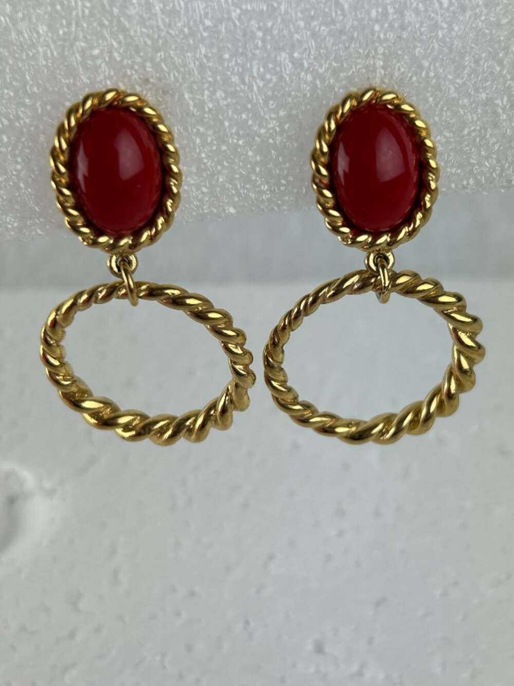 Trifari Vintage Red & Gold Dangle Hoop Clip-On Earrings Signed